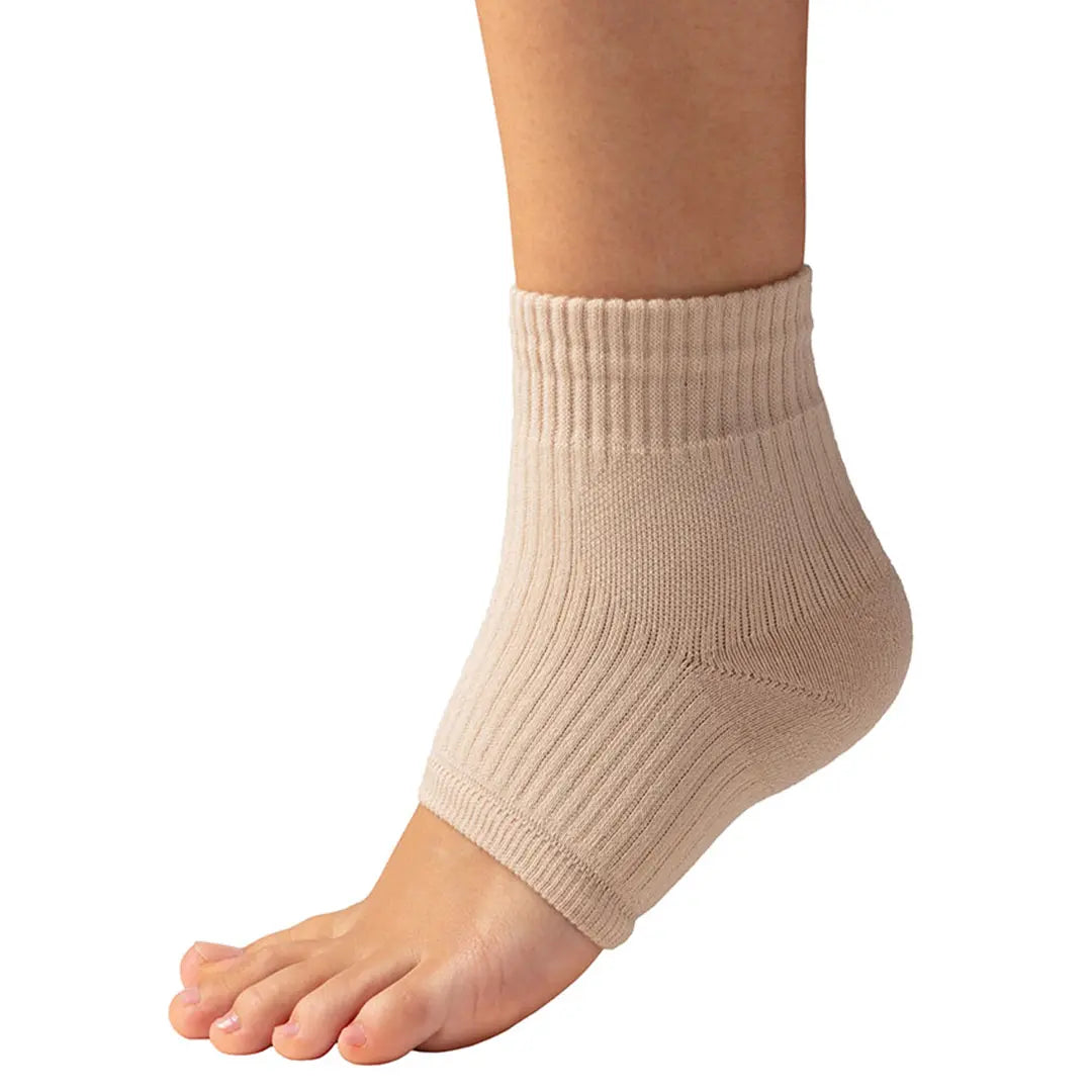FußGut Knöchelstrümpfe in Beige. Angenehm weiche Stützstrümpfe für stabilen Halt und Druckentlastung im Fußgelenk.