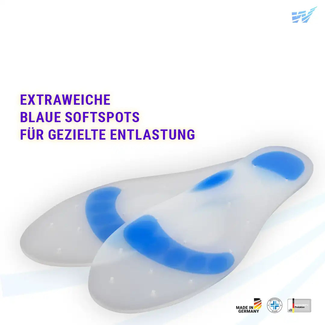 Silikon Einlagen mit drei blauen Softspots – extraweiche Dämpfung für Ferse, Vorfuß und Mittelfuß