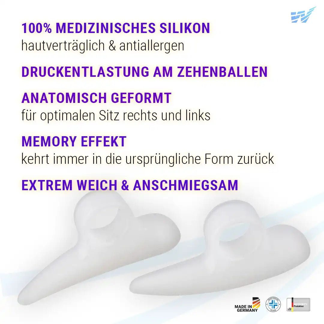 Silikon Zehenpolster mit Fixierring – weich, anatomisch geformt und hautverträglich, Made in Germany