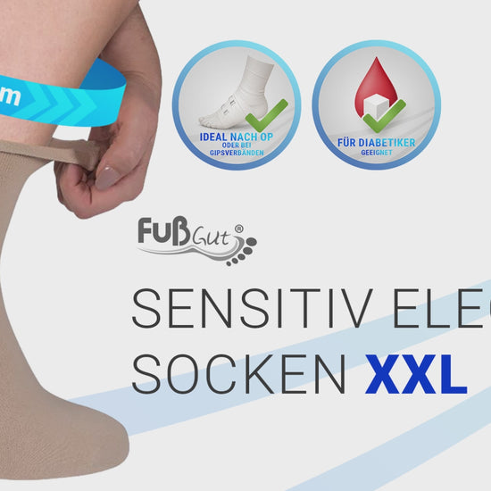 FußGut Sensitiv Elegant Socken XXL im Einsatz – extra dehnbar bis 36 cm, ohne Einschneiden und ideal für empfindliche Füße
