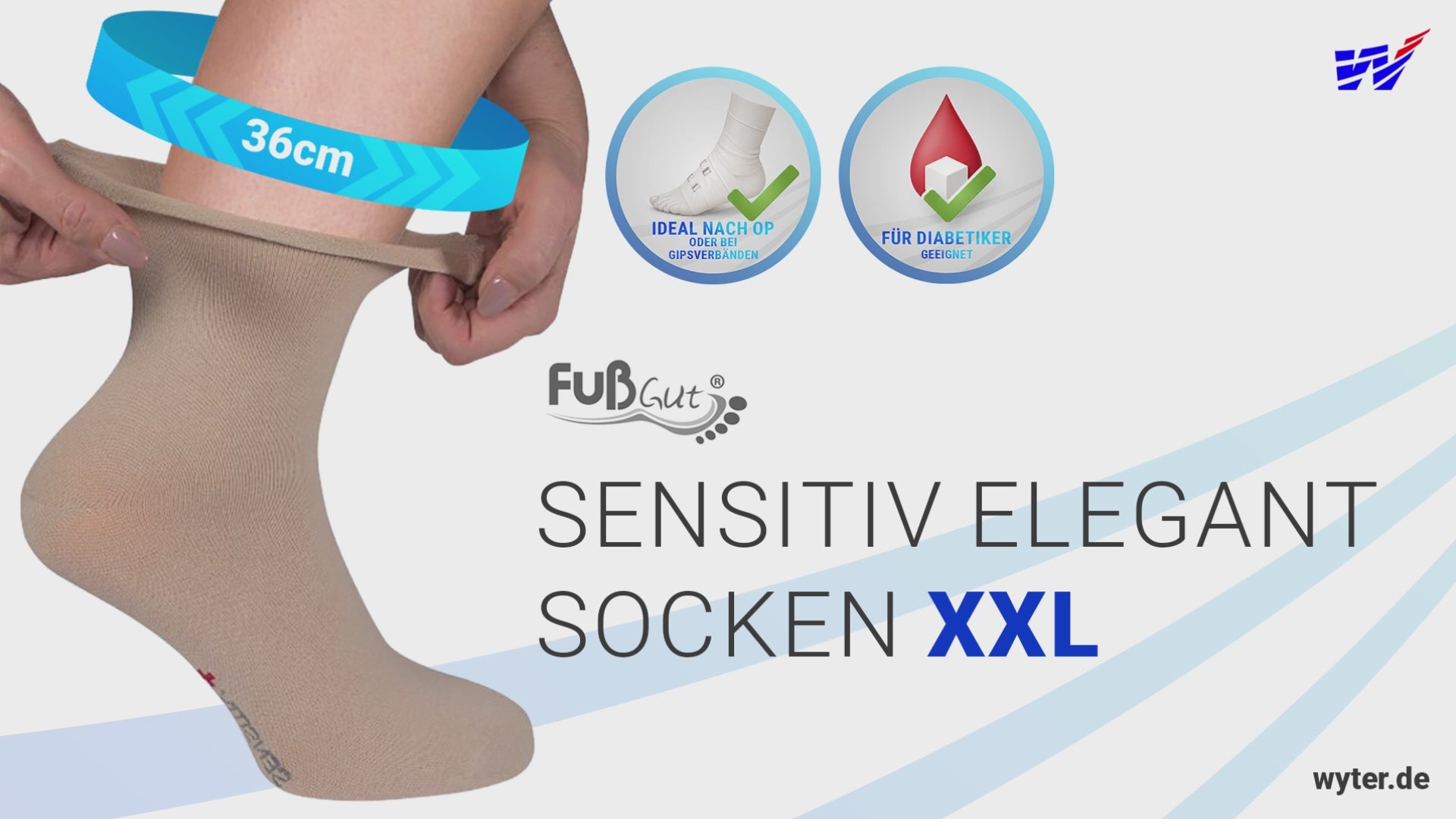 FußGut Sensitiv Elegant Socken XXL im Einsatz – extra dehnbar bis 36 cm, ohne Einschneiden und ideal für empfindliche Füße