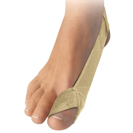 FußGut Hallux Korrektur Schlaufe in dunkelbeige, getragen am Fuß – sanfte Entlastung und Stabilisierung.