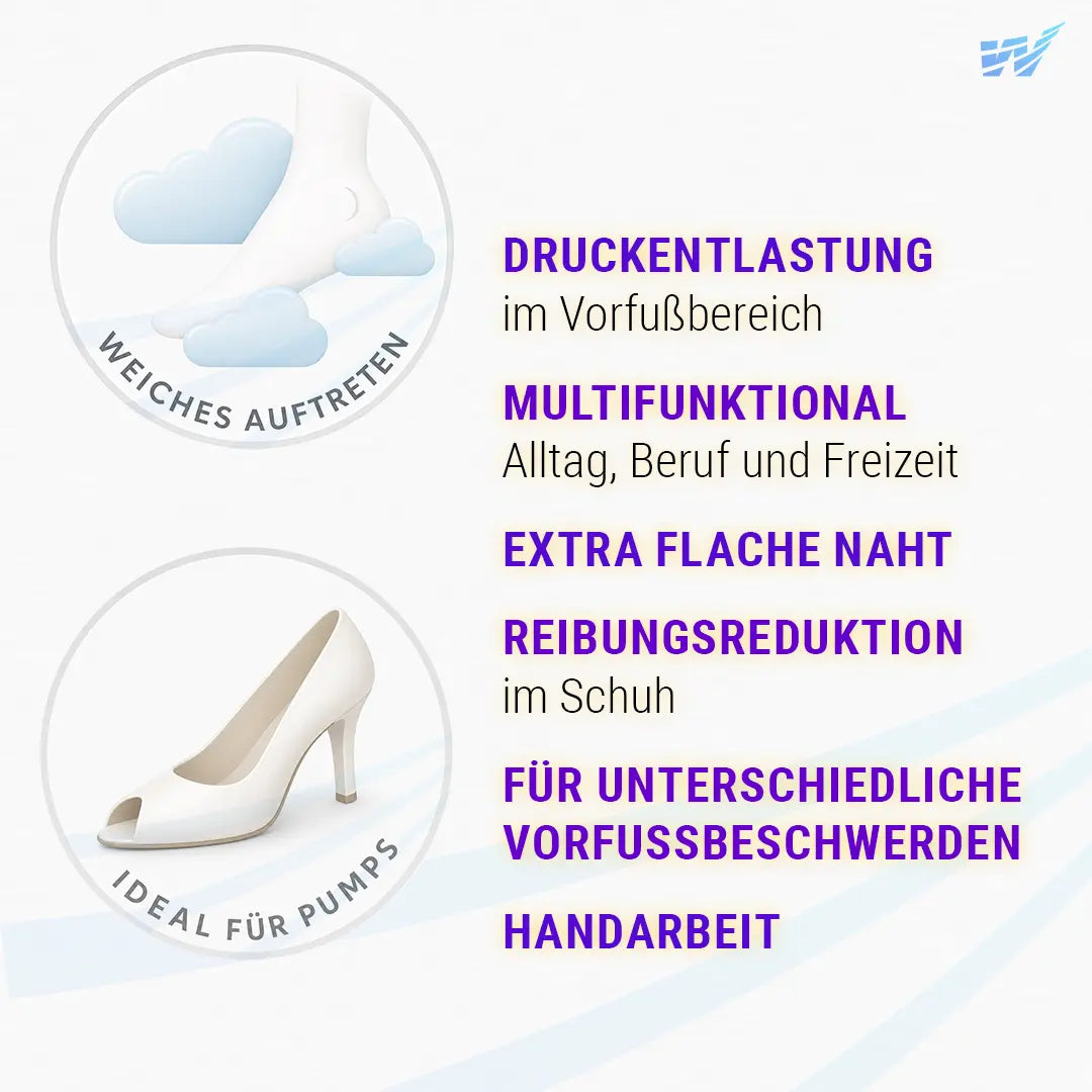FußGut 2in1 Ballen- & Zehenpolster – Vorteile: extra flache Naht, weiche Polsterung, multifunktiona