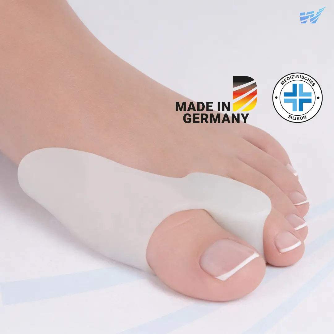 Ballenschutz mit Zehenspreizer aus Silikon am Fuß – Druckentlastung bei Hallux Valgus, Made in Germany