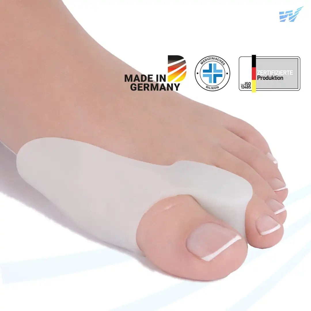 Ballenschutz mit Zehenspreizer aus Silikon am Fuß – Druckentlastung bei Hallux Valgus, Made in Germany