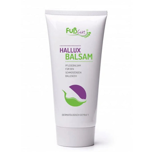 Vorderseite der FußGut Hallux Balsam Verpackung – kühlender Pflegebalsam mit natürlichen Inhaltsstoffen für Hallux Valgus und empfindliche Füße.