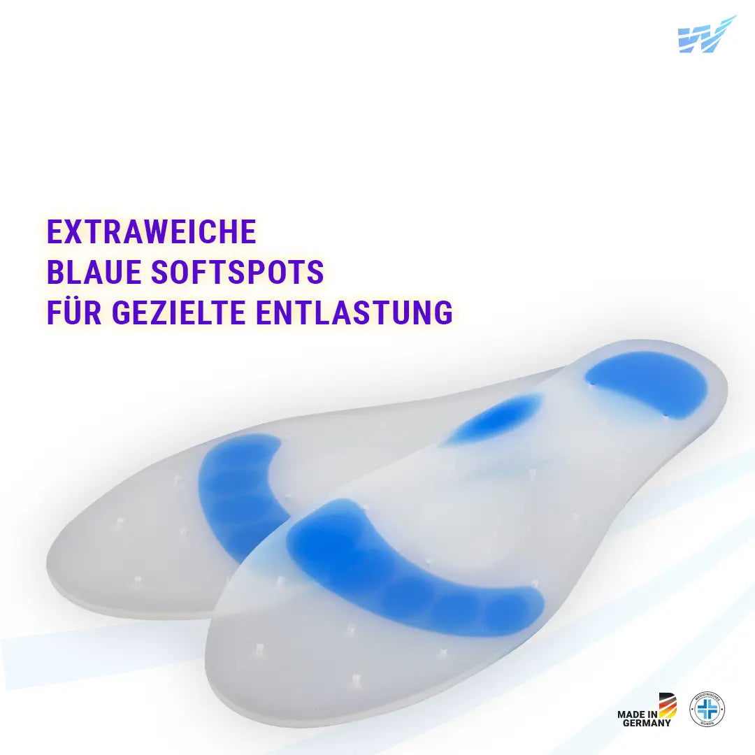 Silikon Einlagen mit drei blauen Softspots – extraweiche Dämpfung für Ferse, Vorfuß und Mittelfuß