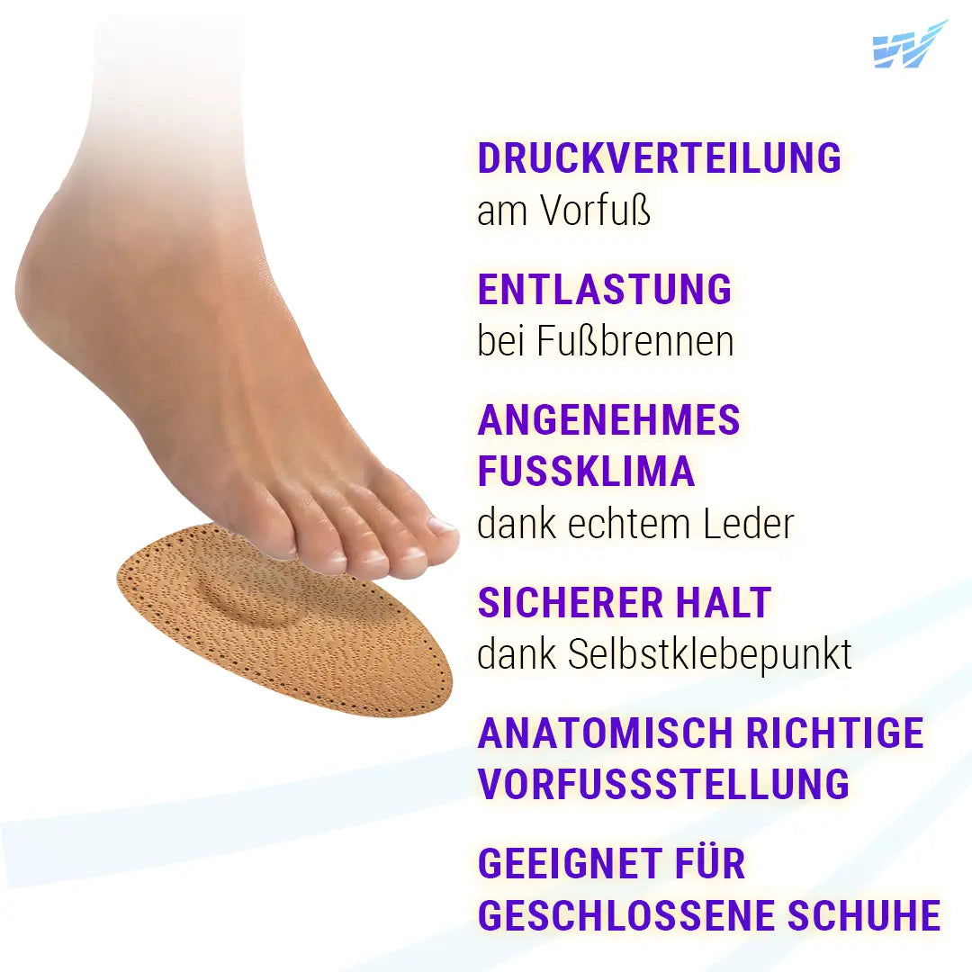 FußGut Spreizfuß-Halbsohle – Vorteile: Gewölbestütze, sicherer Halt, für geschlossene Schuhe