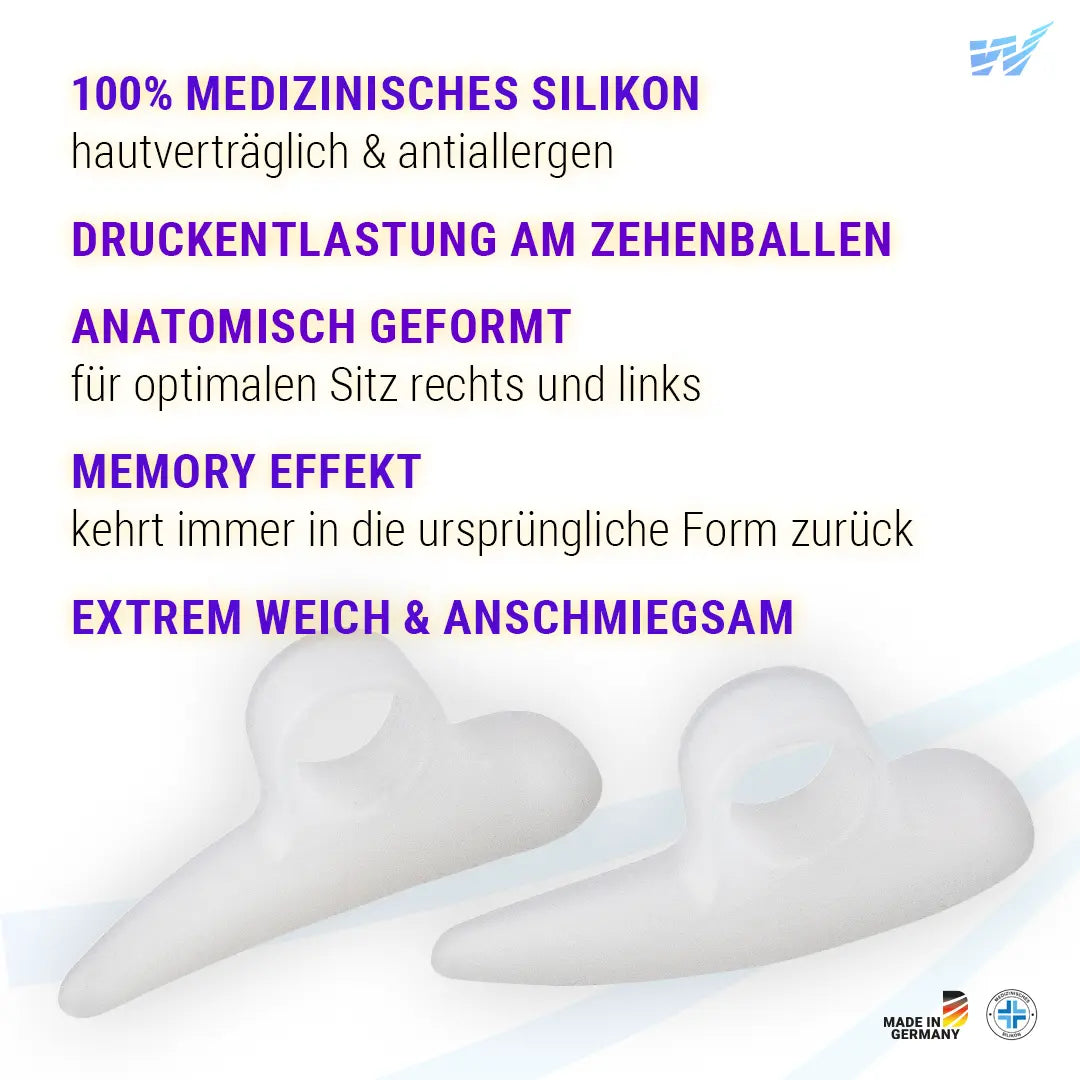 Silikon Zehenpolster mit Fixierring – weich, anatomisch geformt und hautverträglich, Made in Germany
